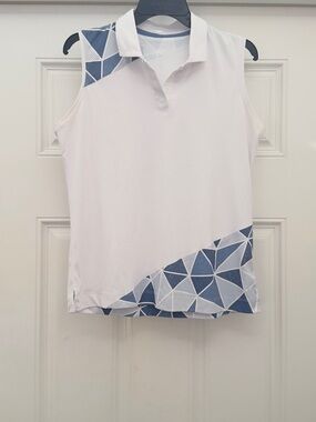 Slazenger Women’s Golf Sleeveless Polo Top with Geo Accent - White/Blue Medium